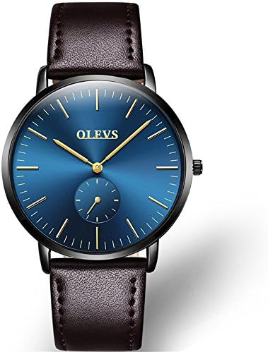 OLEVS 30M Water Resistant Men and Women Quartz Watches Luxury Band Fashion Casual Wristwatches Complete Calendar Leather Watch Brown Band &amp; Blue Dial for Man