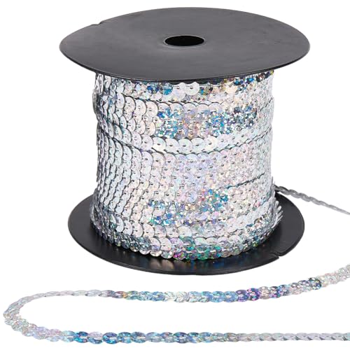 CABODYALS 6MM 91.44M Silver Sequin Shiny Strips Trim Sparkle Flat Round Sequins Bling Metallic Paillette Spool Strand Decorative Ribbon for Sewing Making Clothing Dresses Fringe Diy Crafts Supply