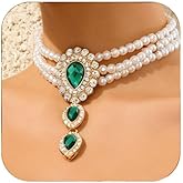 Pearl Choker Necklace for Women Green Crystal Pendant Necklace Layered Pearl Bridal Costume Jewelry Accessories