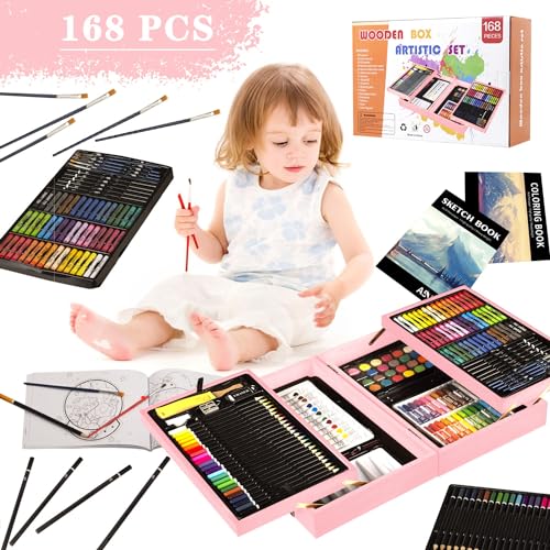KINSPORY Art Supplies, 168-Pack Deluxe Wooden Art Set Crafts Drawing Painting Coloring Kit, Coloring Book, Sketch Pads Creative Gift Box for Adults Artist Beginners Kids Girls Boys (Pink)