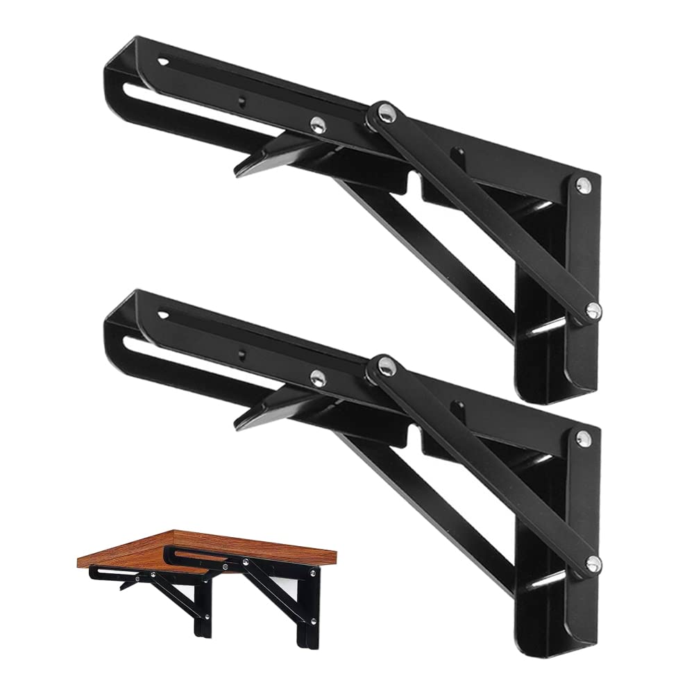 CEEYSEE 2 Pcs Folding Shelf Brackets 10 Inch Duty Metal DIY Triangle Wall Mount Collapsible Shelf Bracket for Tables Benches Shelves Space Saving (Black 10 Inch)
