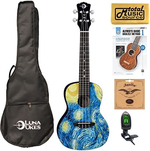 Luna UKE STR C Uke Starry Night Ukulele, Concert with Gig Bag Book Bundle