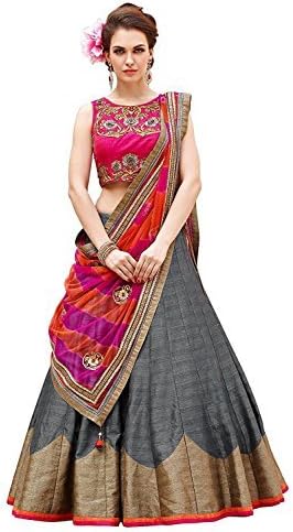 Clickedia Women &amp; Girls Heavy Semi-stitched Bhagalpuri Silk Green &amp; Pink Lehenga Choli with diamond work blouse pc