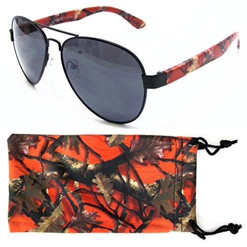 Men's Camouflage Aviator Sunglasses Hunting Fishing Outdoors/w Free Camo Microfiber Bag - Orange Camo Frame - Smoke Lens