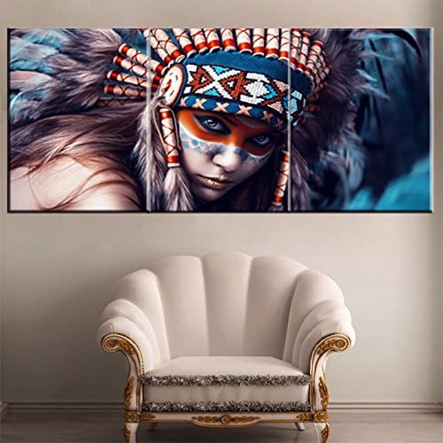 3 Piece Indiana Women Feather Headgear Wall Art Pictures Painting on Canvas with Stretched and Framed Ready to Hang for Home Decorations (14in x20in x3)