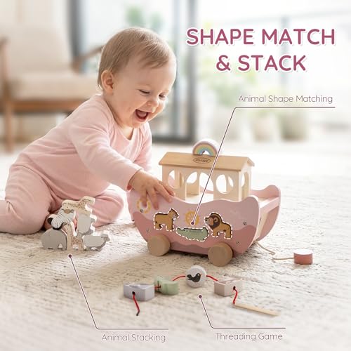 Joyreal Noahs Ark Wooden Toy - Christening Gifts for Girls Boys, Baptism Gifts, Montessori Toys for 1 2 3 Year old, Stacking Baby Toys, Farm Animals Shape Sorter Toddler Toy