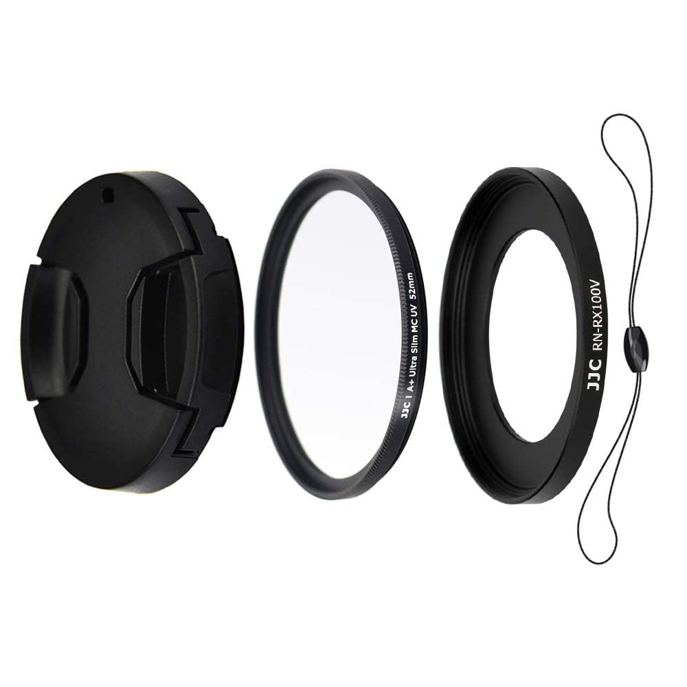 JJC 4-Piece Lens Kit for Sony RX100VA RX100V RX100IV RX100III RX100II RX100 - includes 52mm Filter Adapter, UV Filter, Lens Cap and Lens Cap String