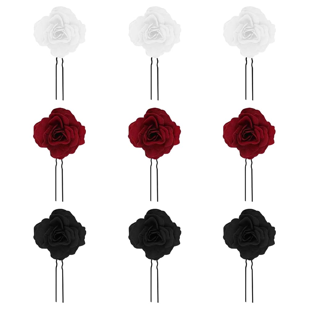 TRKETK 9 Pcs Rose Hair Clips Vintage Rose Hair Accessories U Shape Rose Floral Bobby Pins for Hair Bridal Hair Pins Handmade Accessory for Women Girls Party Beach Wedding(3 Colors)