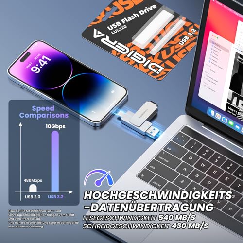 DIGIERA 512GB 2-in-1 USB-A & USB-C Flash Drive, USB 3.2 Gen 1 Thumb Drive, 540MB/s Read 430MB/s Write, 360° Swivel Compact Aluminium Memory Stick for File Transfer, Backup & Travel Storage