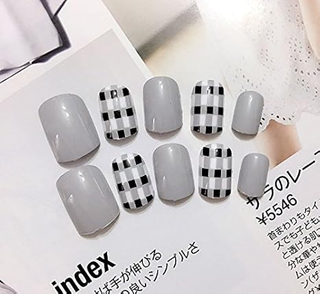 Amazon ネイルチップ つけ爪 ブルーグレー ギンガムチェック ノーブランド品 ネイルチップ 通販
