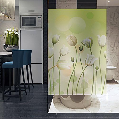 YINGLI YL Stained Glass Decorative Window Film, Premium Static Cling No-Glue Stained Glass Decorative Window Film, Vinyl Scrub Privacy Window Film (60X90CM, Green Tulips)