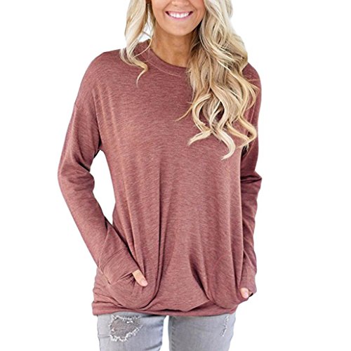 AOJIAN Women Casual Long Sleeve Cotton Solid Loose Pockets T-Shirt Blouses Tops (XL, Red)