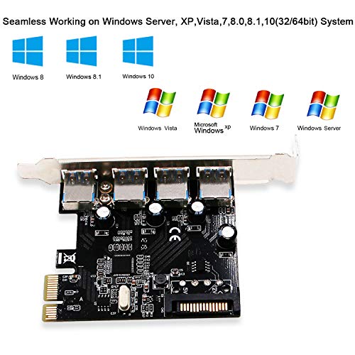 LTERIVER PCI Express 4 Ports Superspeed USB 3.0 Card Adapter for Windows Server,XP,Vista,7,8.0,8.1,10(32/64bit) System-with Y SATA Power Cable(PCE-U3P4)