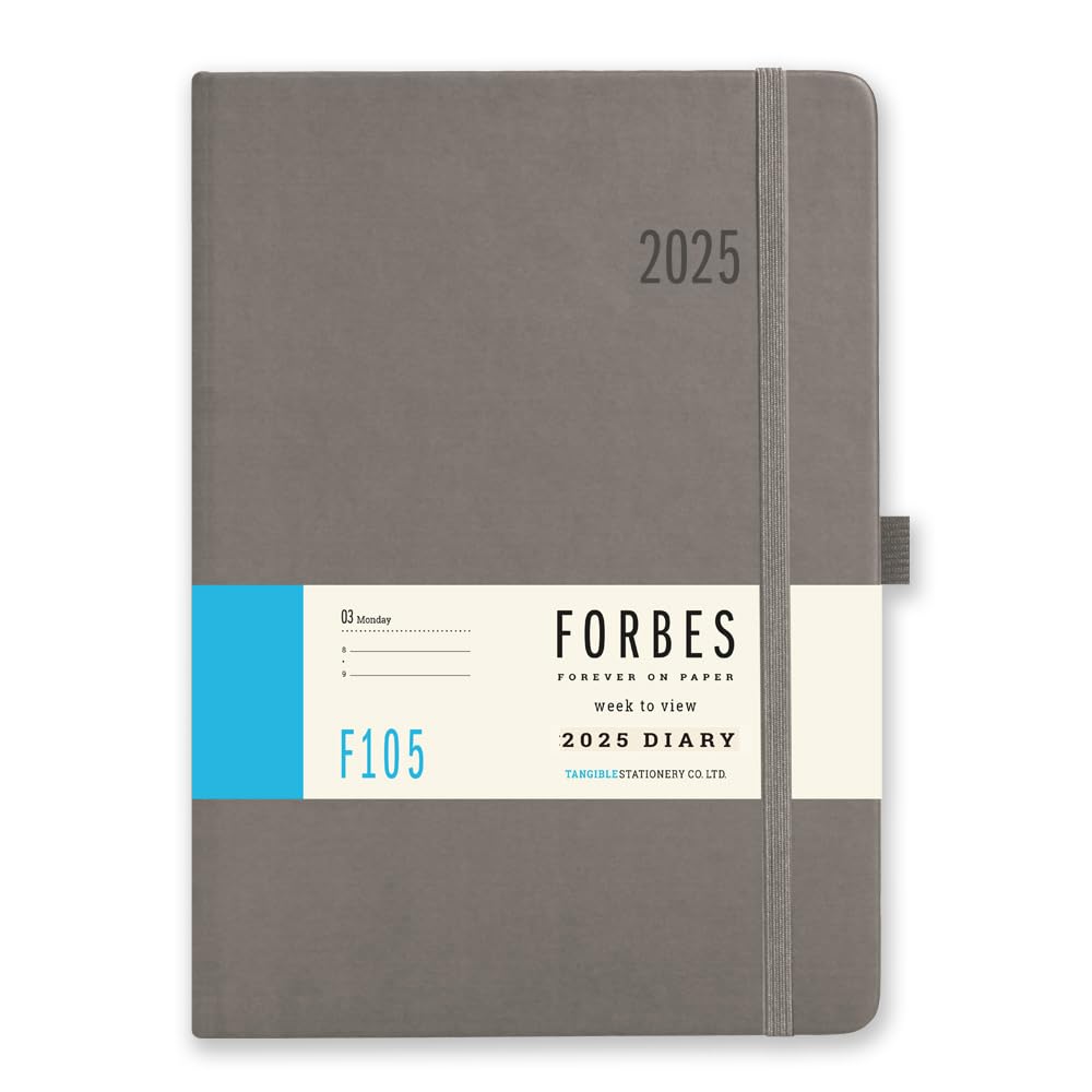 2025 Forbes Diary from Tangible Stationery Co. Ltd | A5 Size | Vertical Week to View with Appointments | 80gsm Ivory Paper | Elastic Closure | Document Storage Pocket | Grey โ image 1
