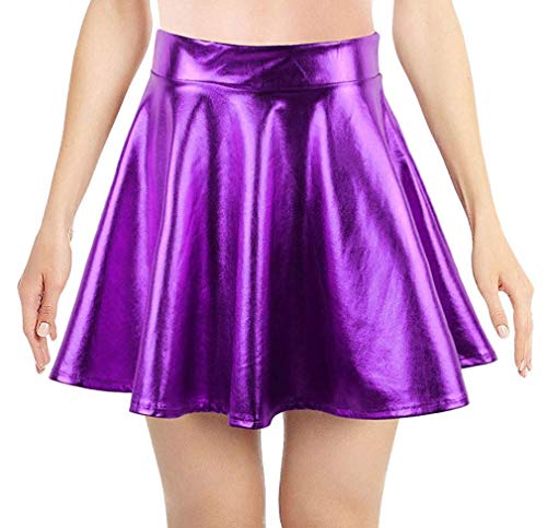 Womens Cute Shiny Flared Pleated Casual Fashion Skater Long Bed Skirt Purple L - Thumbnail 4