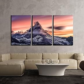 3 Piece Canvas Wall Art - Mountain with Flowing Cloud at Sunset - Modern Home Art Stretched and Framed Ready to Hang - 16"x24"x3 Panels