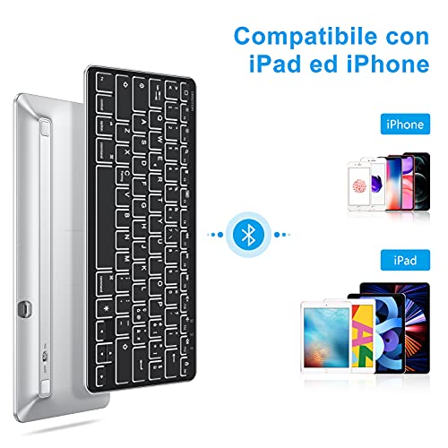 OMOTON Tastiera Bluetooth Compatibile con iPad ed iPhone, Tastiera Mini Portatile con Retroilluminazione, Ricaricabile e Retroilluminata, Luce Regolabile, Nera