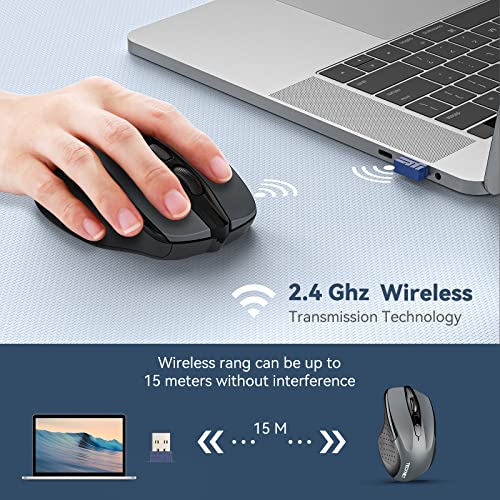 TECKNET Wireless Mouse, 2.4G Optical Mouse with 2600 DPI, Ergonomic Mouse for Laptop, PC with USB Receiver, Silent Click, Grey