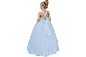 JISISANG Crossed Straps Flower Girl Dress Satin Long Prom Dress with Bow Puffy Tulle Pageant Dresses for Girls