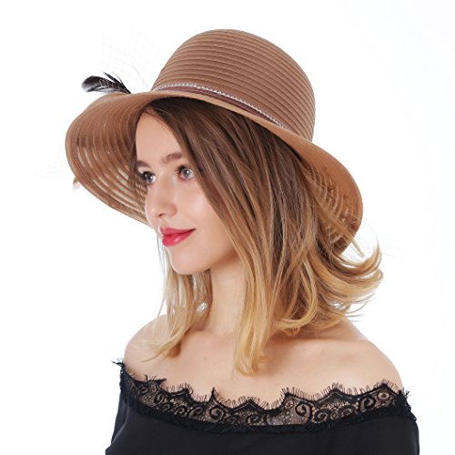 Dantiya Women's Kentucky Derby Bowler Church Cloche Hat Organza Bridal Dress Cap (Brown, One Size)