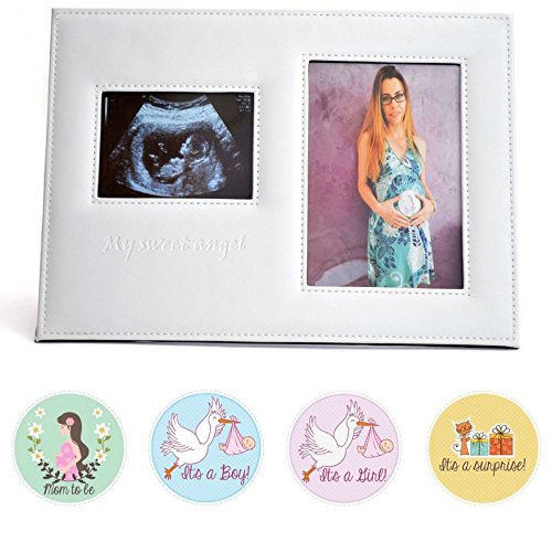 Sonogram Frame covered in White Leather w/ 2 photos- 1 for the Ultrasound Photo & 1 with the Pregnant Mommy - Bonus Stickers for belly - Ideal Gift for Grandmas or Baby Shower