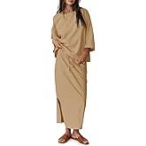 Tankaneo Womens 2 Piece Skirt Sets Oversized 3/4 Sleeve Top and Maxi Skirt Fall Matching Outfits Travel Vacation Set