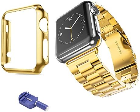 Wandele Classic Iwatch Band 42mm with Super Thin Clear CASE,Premium Stainless Steel iwatch Wrist strap Replacement with Connector Adaptor and Adjuster for apple watch Series 1 (42mm gold+case)