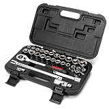 MAXPOWER 30pc 1/2" Drive Socket Wrench Set - Metric + SAE - Includes up to 1-inch Large Socket, Ratcheting Handle, Extension Bars, Universal Joint, Adapter, and Carrying Case