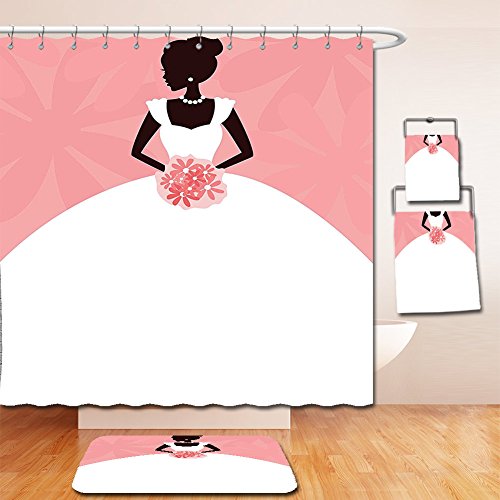 Click Here to See More Images Nalahome Bath Suit: Showercurtain Bathrug Bathtowel Handtowel Bridal Shower Decorations Wedding Dress with Flowers Abstract Blurry Backdrop Black White and Salmon