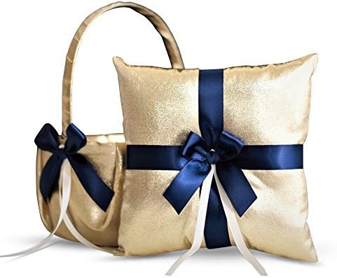 Alex Emotions GOLD & NAVY BLUE Wedding Ring Bearer Pillow and Flower Girl Basket Set โ Satin & Ribbons โ Pairs Well with Most Dresses & Themes โ Splendour every Wedding Deserves