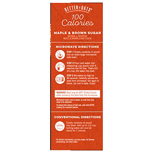 BETTER OATS 100 CALORIE MAPLE AND BROWN SUGAR OATMEAL PACKETS, 100 CALORIE OATMEAL POUCHES, 90 SECOND INSTANT OATMEAL WITH FLAX SEEDS AND ROLLED OATS, PACK OF 10, 9.8 OZ PACK