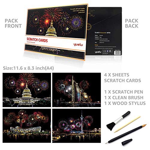 MIASTAR Scratch & Sketch Art for Kids & Adults, Rainbow Painting Night View Scratchboard(A4), Art & Craft, Scratch Art Set: 4 Sheets Scratch Cards & Scratch Drawing Pen, Clean Brush (City Fireworks) - Thumbnail 3