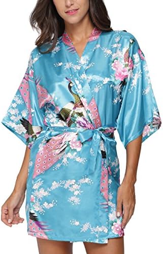 Original KimonoWomen's Short Satin Kimono Robe Floral Peacock Patterned Bathrobe Silky Bridal Nightwear