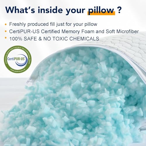 Cooling Memory Foam Pillows Queen Size Set of 2, Adjustable Shredded Foam Bed Pillows for Sleeping, Soft Support Pillows for Side & Back Sleepers with Breathable Dual-Sided Bamboo & Cooling Fabric