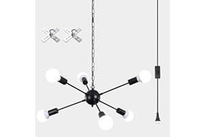 ETONIMERR Plug in Chandelier 6 Light, Modern Hanging Lights with Plug in Cord 16.4ft & On/Off Switch Plug in Sputnik Ceiling Light, Black Plug in Pendant Light for Kitchen Dining Living Room Bedroom