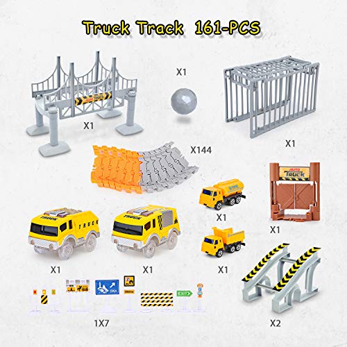 Engineering Tracks car for kids toys,161pcs Create A Engineering World Road Race,Flexible Track Playset and 2 pcs Cool Engineering Car for 3 4 5 6 7 Year & Up Old boy Girls Best Gift