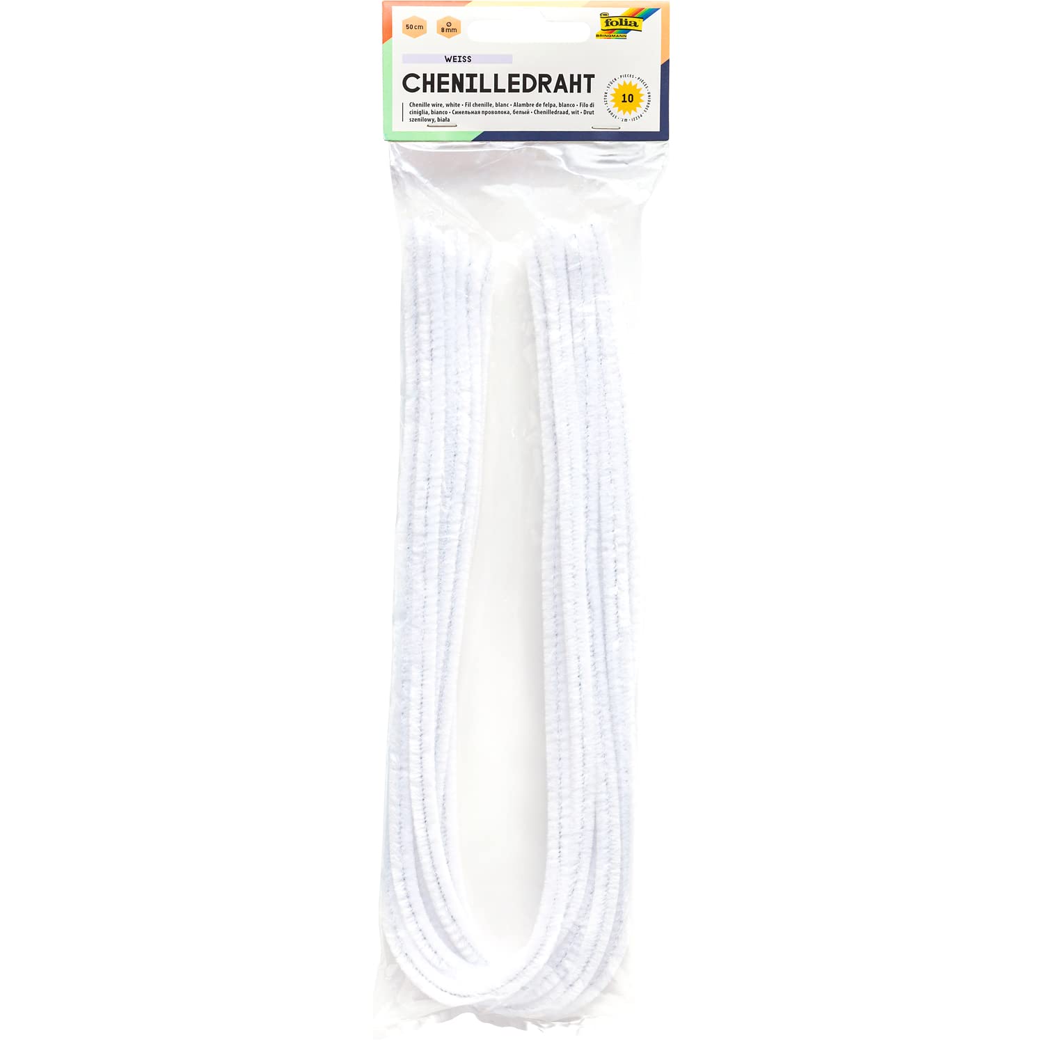 folia 77800 - Chenille Wire Pipe Cleaners, Pack of 10 in White, Diameter 8 mm and 50 cm Long, Ideal for Children for Crafts and Design Animals, Figures and Other Shapes