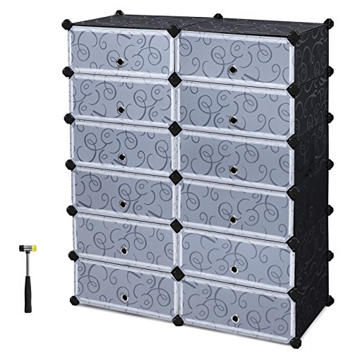 SONGMICS Shoe Rack, DIY Plastic Storage Organizer,Modular closet cabinet with Doors, Black ULPC26H