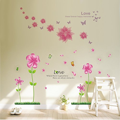 B.GTAGO Lovely Pink Petal Flowers & Butterflies Wallpaper for Living Room Bedroom, Removable Home Wall Decals/Wall Stickers & Murals/Wall DÃ©cor/Wallpops, Decorative Painting Supplies