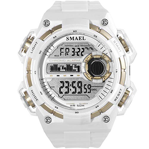 SMAEL Mens Sports Digital Watch Electronic Waterproof Military Wrist Watch Large Face Quartz Watch for Men (White)
