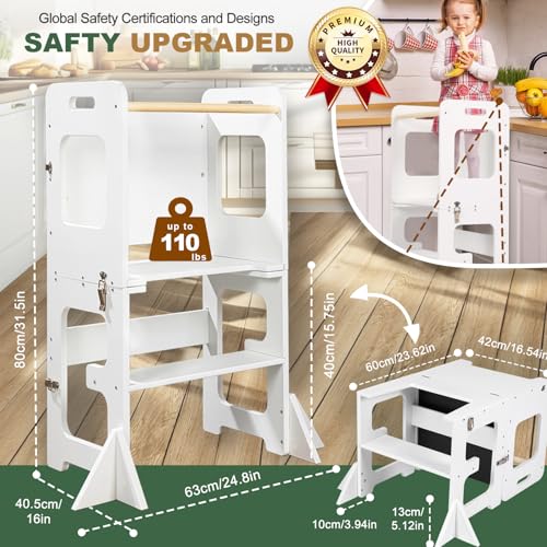 labebe Montessori Tower for Children, Folding Learning Tower, 3-in-1 Montessori Ladder with Drawing Board, Wooden Learning Tower Older Age 18 Months Children (White)