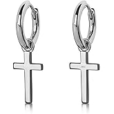 Men’s Solid White Gold Plated 925 Sterling Silver Drop Dangle Cross Huggie Hoop Earrings Trendy 15mm Hypoallergenic Lightweight Huggie Cross Hoops Dangling Earrings for Men