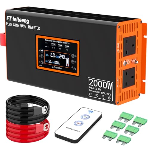 2000W/4000W Power Inverter 12V to 240V AC Pure Sine Wave Inverter,Car Inverter DC 12v to AC 240V UK with AC Sockets Dual Car Adapter With LED Display Suitable for Travel, RV, Camping