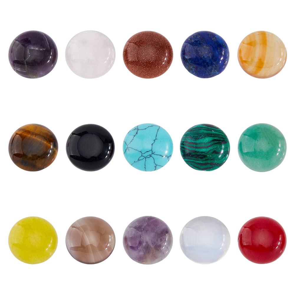 SUPERFINDINGS 30Pcs 15 Styles Natural Cabochon Gemstone 16mm Half Round Dome Flatback Quartz Stone for Necklace Jewelry Making DIY Craft Handmade