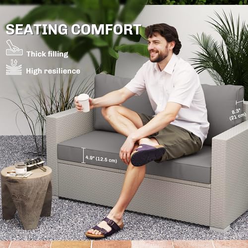 Outsunny 2 Seater Outdoor Seat Cushions with Backrest, Loveseat Double Sofa Outdoor Furniture Cushions, Fade-Resistant Replacement Patio Cushions for Indoor and Outdoor, Light Grey