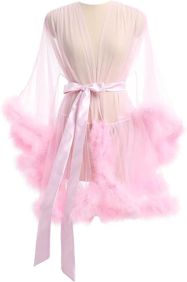 Photo 1 of Robes For Women Tulle Robe with Faux Fur Trim, Sexy,Soft and Comfortable,Perfect for Spa Nights and Maternity Photoshoot(US, Alpha, One Size, Regular, Regular, 1, pink)
