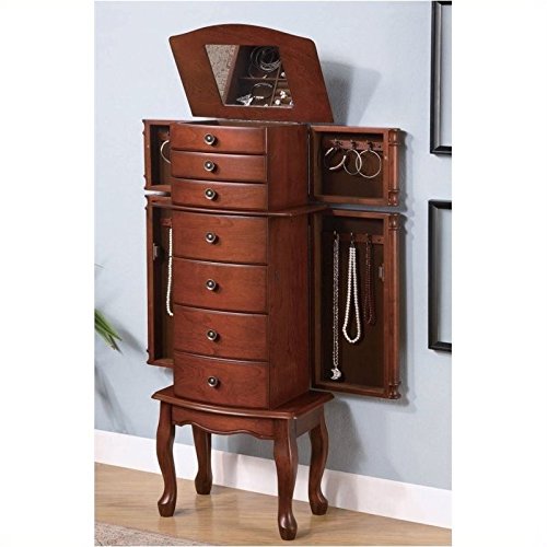 Antique Style Light Brown Tall Jewelry Armoire Top Mirror & Side