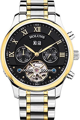 Men's Stainless Steel Gold-Plated Sapphire Calendar Hollow Out Flywheel Automatic Water Resistant Watch