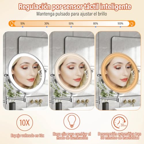 GALASALA Espejo con Luz Montado en Pared, Espejo de Maquillaje 8 Pulgadas con Aumento 10X/1X, Espejo de Tocador para Baño con Brazo Extensible, Rotación 360°, 3 Modos de Color