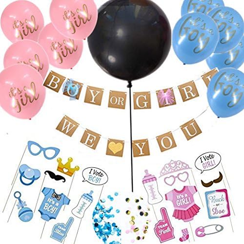 Gender Reveal Baby Shower Decorations 58pcs - Boy or Girl Banners Black Gender Reveal Balloons with confetti Photo Booth Props for Pregnancy Announcement - ALL IN ONE